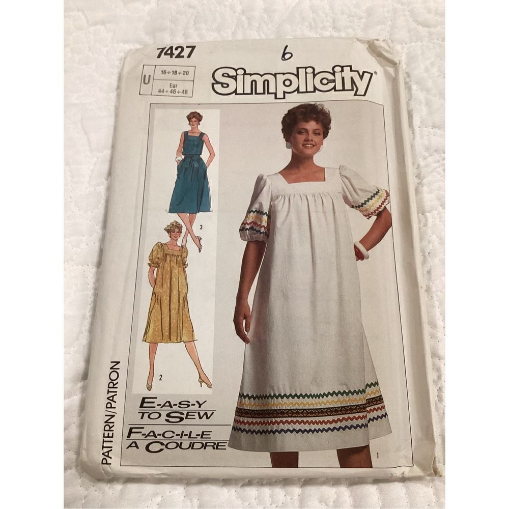 Vintage 1980s Sewing PATTERN Simplicity 7427 Misses Easy To Sew Pullover Dress &